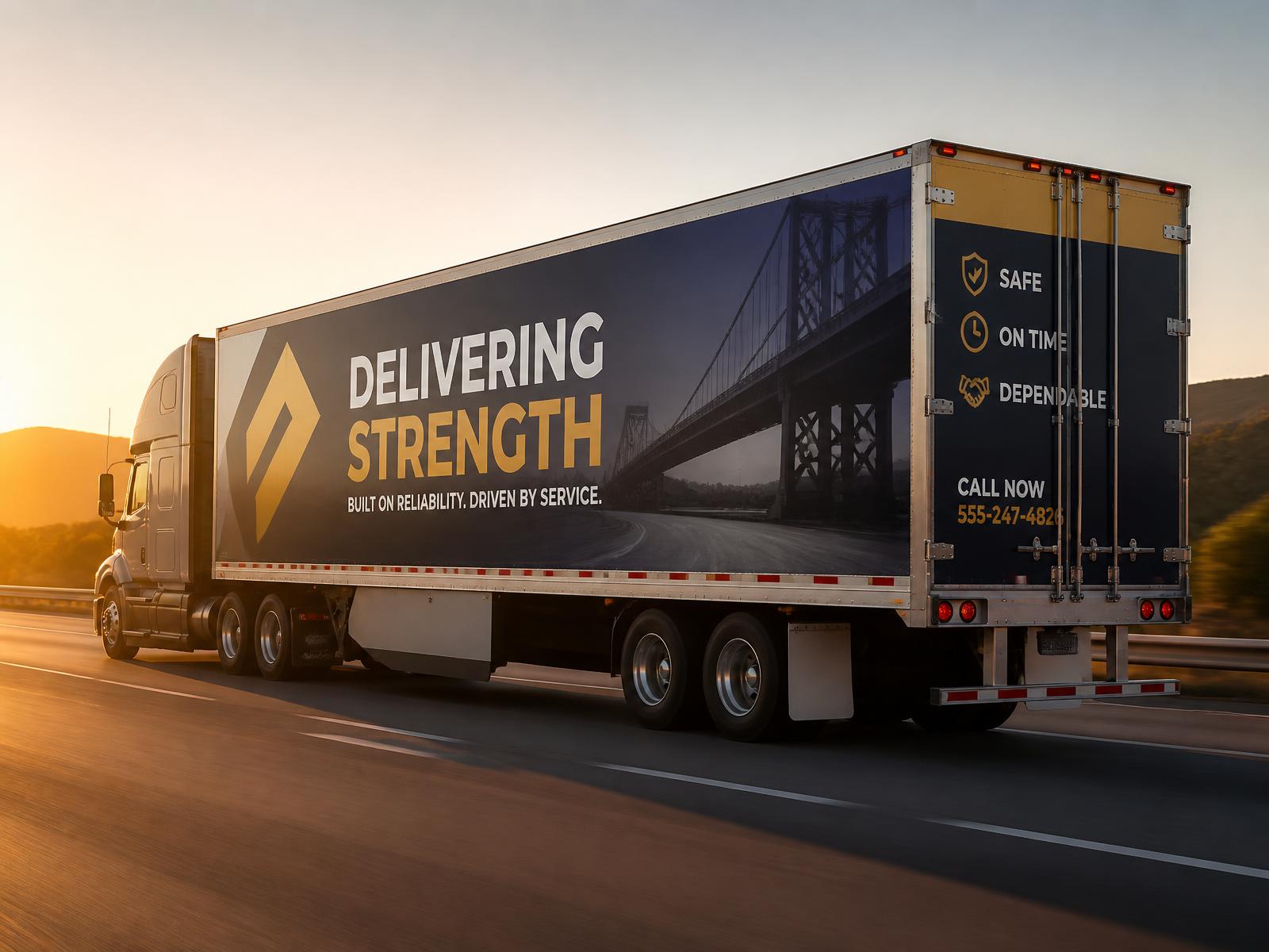 53-foot trailer on the interstate with a full-length printed advertisement covering the trailer side