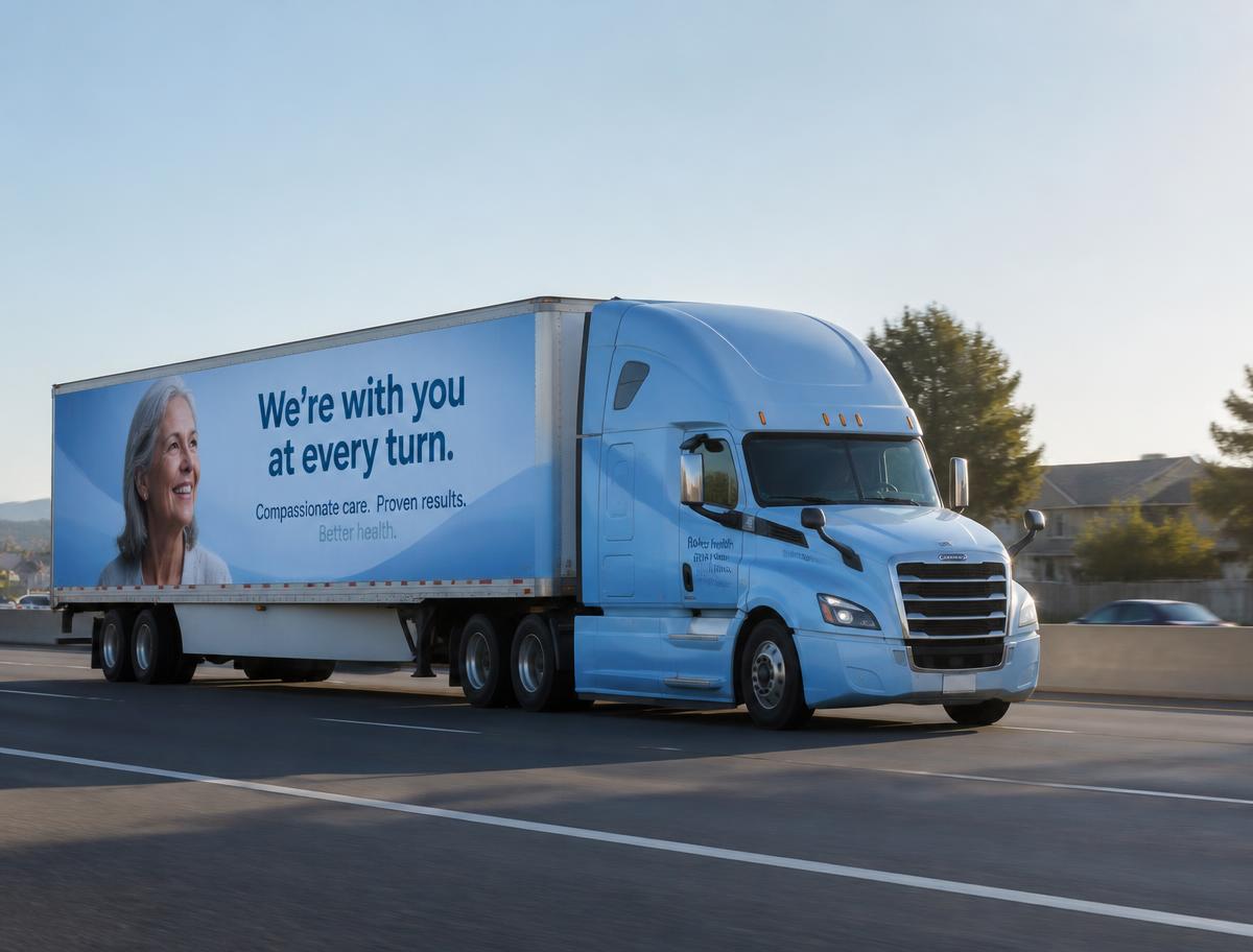 Fully wrapped semi truck carrying a healthcare network advertisement on a highway