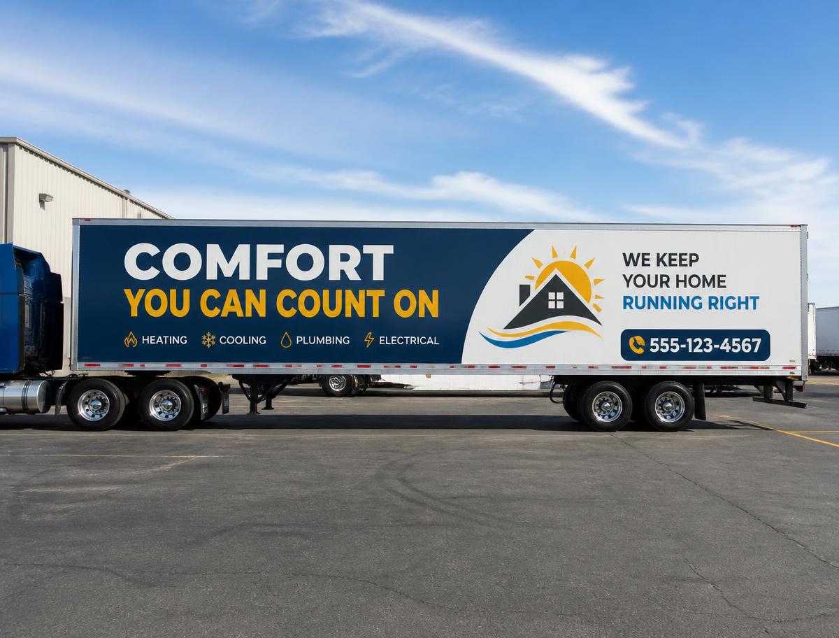 53-foot trailer side wrapped with a home services advertisement
